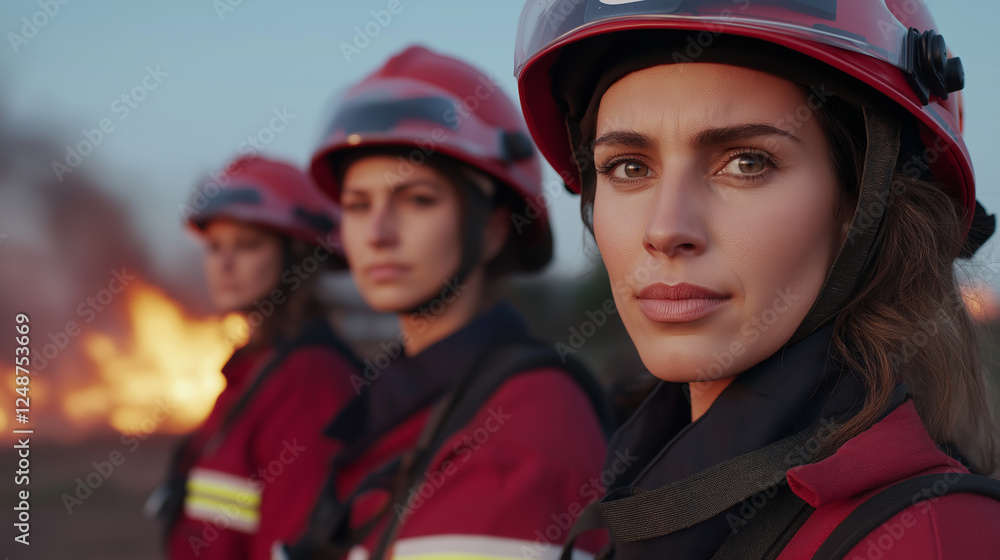 Fototapeta premium A strong and determined female firefighter standing with her team, ready to face any challenge, symbolizing bravery and resilience