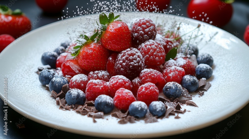 A beautifully arranged dessert plate with strawberries, raspberries, cherries, and blueberries, lightly dusted with powdered sugar and surrounded by chocolate shavings. A beautifully arranged dessert plate with strawberries, raspberries, cherries, and blueberries, lightly dusted with powdered sugar and surrounded by chocolate shavings.