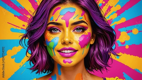 A colorful portrait of a woman with vibrant paint splashes on her face against a bright background