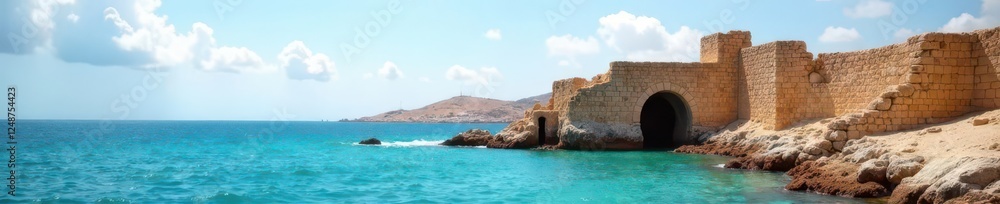 Fototapeta premium Ancient ruins of Mahdia port, weathered stone structures , discovery, archaeology, Africa