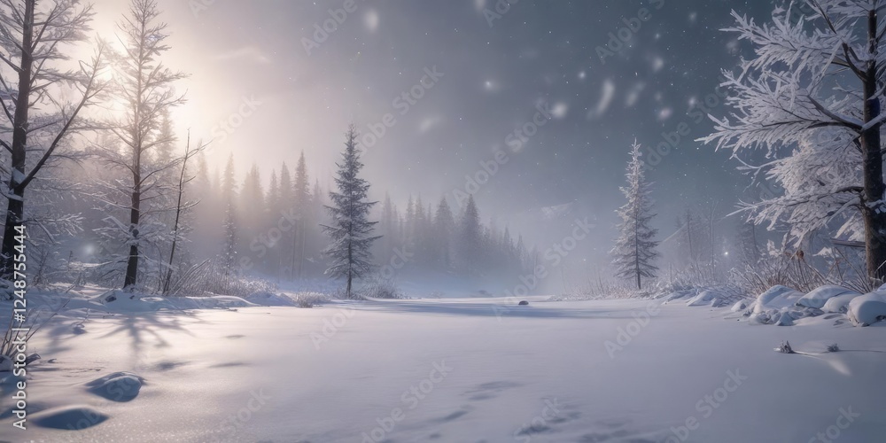 Soft light winter scene with snowflakes gently falling in the distance, frosty, gentle Soft light winter scene with snowflakes gently falling in the distance, frosty, gentle