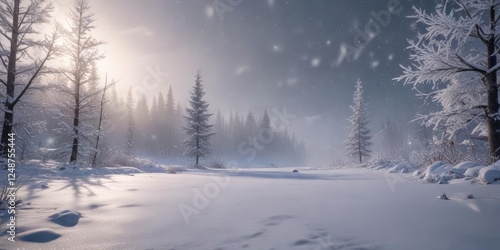 Soft light winter scene with snowflakes gently falling in the distance, frosty, gentle