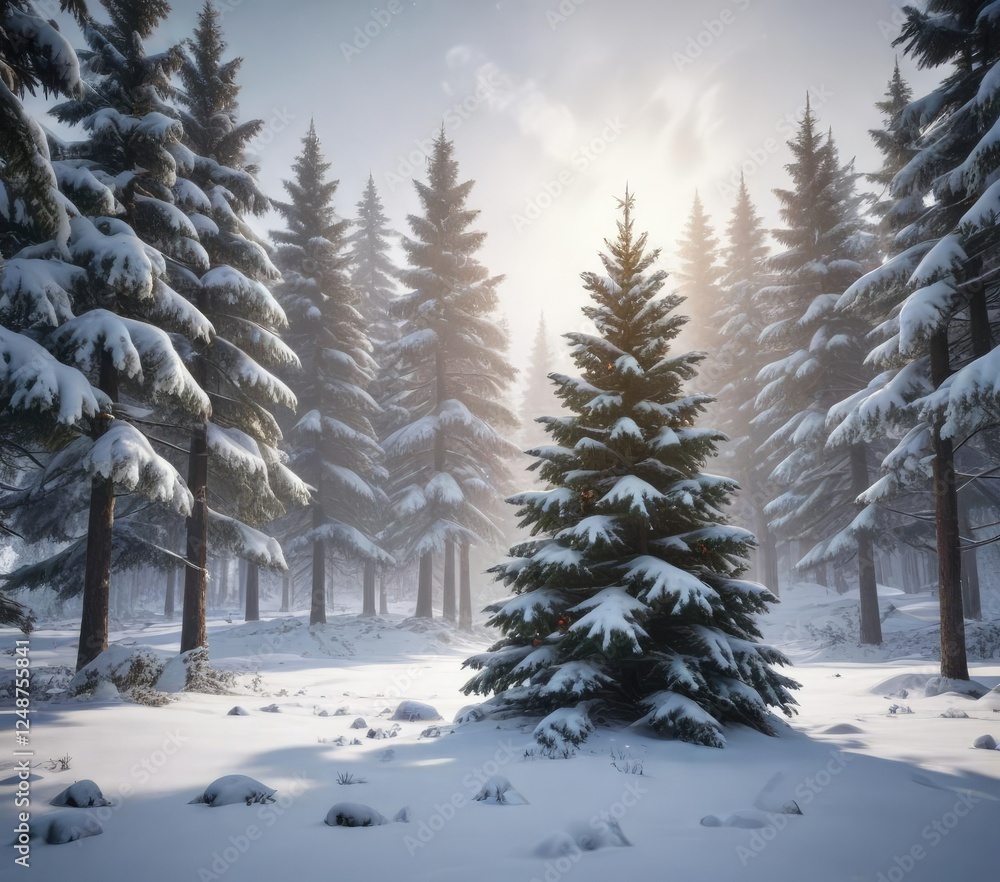 Snowy forest with a majestic Christmas tree in the center , trees, serene, winter Snowy forest with a majestic Christmas tree in the center , trees, serene, winter