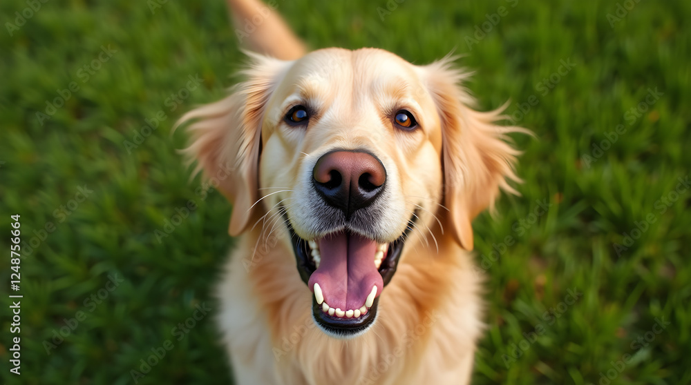 Happy Golden Retriever Dog Portrait: Smiling Pet with Open Mouth on Green Grass Background, Cute Canine Friend, Stock Photo Happy Golden Retriever Dog Portrait: Smiling Pet with Open Mouth on Green Grass Background, Cute Canine Friend, Stock Photo