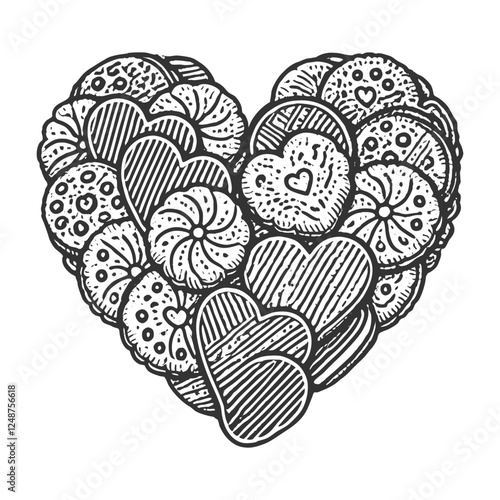 heart composed of various cookies with intricate love-themed patterns, symbolizing sweetness, love, and creativity sketch engraving generative ai vector illustration. Scratch board. Black and white.