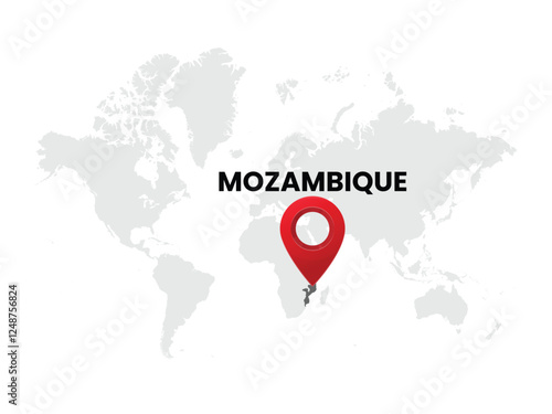 World map with country  Mozambique on White Background. Mozambique Highlighted with Location Symbol. Vector Illustration of Map and Pin Location of Mozambique Country.