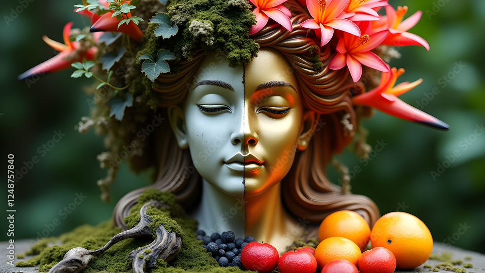 A stunning surreal portrait of a nature-inspired goddess, blending organic and artificial elements with vibrant fruits and flowers. A perfect concept for duality, harmony, and environmental themes. A stunning surreal portrait of a nature-inspired goddess, blending organic and artificial elements with vibrant fruits and flowers. A perfect concept for duality, harmony, and environmental themes.