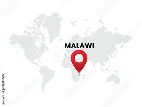 World map with country  Malawi on White Background. Malawi Highlighted with Location Symbol. Vector Illustration of Map and Pin Location of Malawi Country.