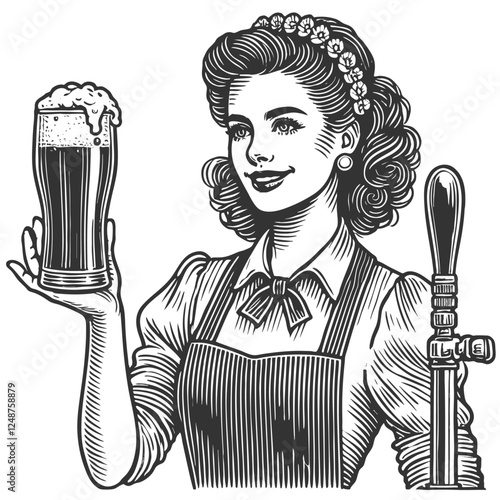 barmaid with long curly hair pouring beer from a tap, with frothy mugs on the counter sketch engraving generative ai fictional character vector illustration. Scratch board. Black and white image.