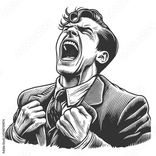 man screaming with an expression of extreme anguish, frustration, or emotional breakdown sketch engraving generative ai vector illustration. Scratch board imitation. Black and white image.