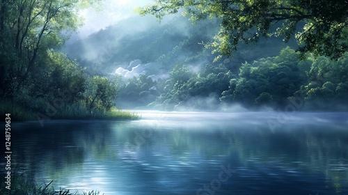 Misty river sunrise, lush forest, peaceful scene, nature backdrop