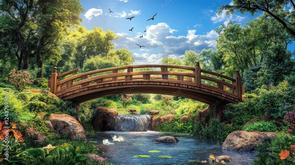 Peaceful Japanese Garden Bridge, Sunny Day, Waterfalls, Birds, Relaxing Scene, Stock Photo Peaceful Japanese Garden Bridge, Sunny Day, Waterfalls, Birds, Relaxing Scene, Stock Photo
