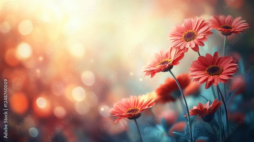 Vibrant Gerbera Daisies Blooming in Soft Light with Bokeh Effect Vibrant Gerbera Daisies Blooming in Soft Light with Bokeh Effect