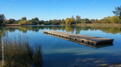 Calm lake pier autumnal trees reflection serenity