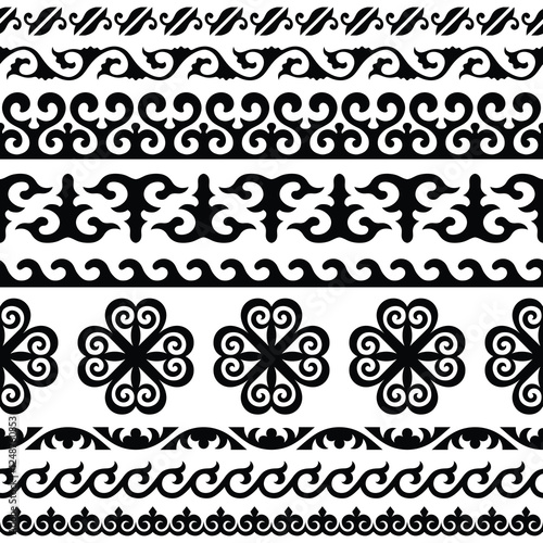 Ethnic background on the theme of Altai national ornament, seamless border set, vector design