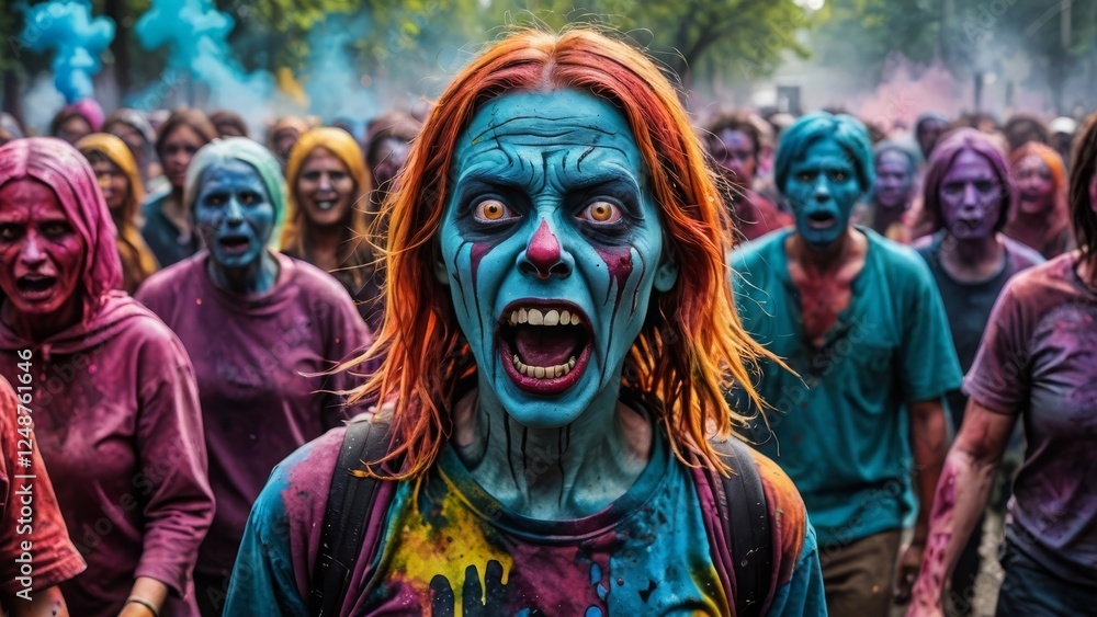 Woman with colorful paint and fierce expression leads a vibrant crowd at a festival Woman with colorful paint and fierce expression leads a vibrant crowd at a festival