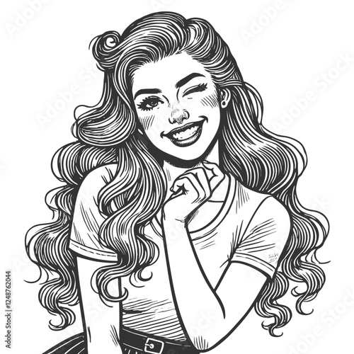 pin-up woman winking with a playful smile, capturing a fun and flirty vibe sketch engraving generative ai fictional character vector illustration. Scratch board imitation. Black and white image.