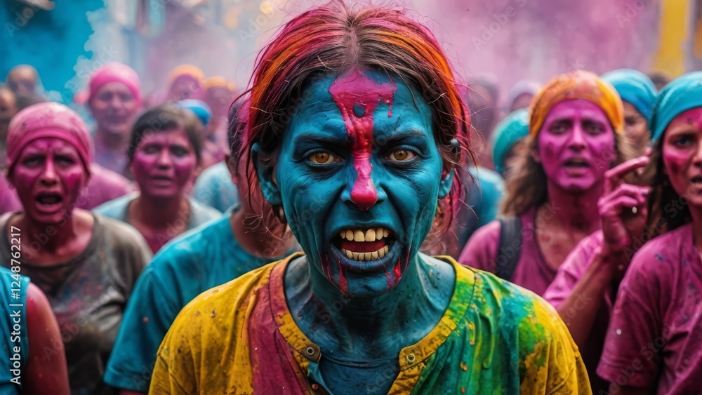 Woman with vivid paint in a lively festival crowd, capturing cultural celebration Woman with vivid paint in a lively festival crowd, capturing cultural celebration