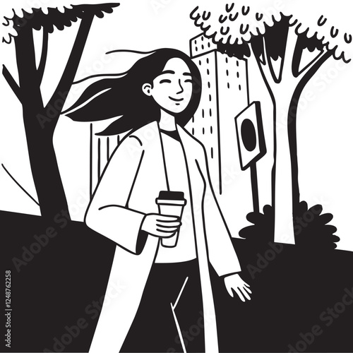 A happy young woman walks through the city, holding a cup of coffee or cappuccino. She enjoys the moment, radiating positivity and relaxation. A black-and-white vector lifestyle illustration.