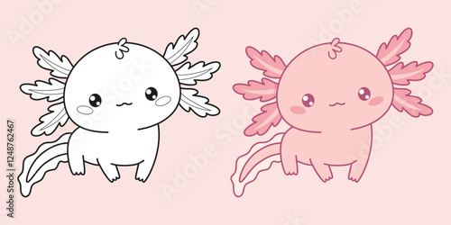 Little cute Axolotl. Outline and color pink kawaii character. Isolated linear drawing, coloring book. Vector illustration. Kids collection