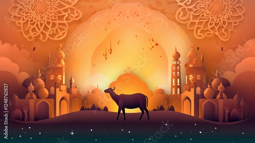 Eid Al Adha Mubarak celebration Muslim community festival background design with sheep and goat paper cut style. Vector Illustration HD 8K wallpaper Photographic Image photo