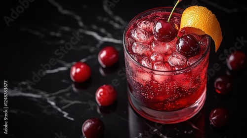 Refreshing cherry cocktail with ice and orange garnish on a dark background