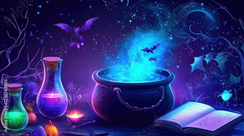 Mystical cauldron with magical potions and bats. photo