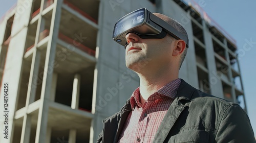 A construction manager using augmented reality glasses, visualizing a completed skyscraper photo