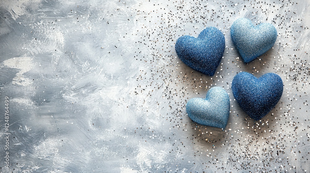 Obraz premium Blue Glitter Hearts on Textured Background for Happy Valentine's Day Celebration