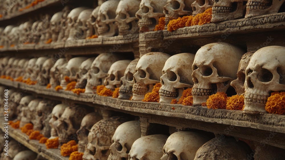 Rows of skulls adorned with marigolds, a poignant display of remembrance and mortality. Rows of skulls adorned with marigolds, a poignant display of remembrance and mortality.