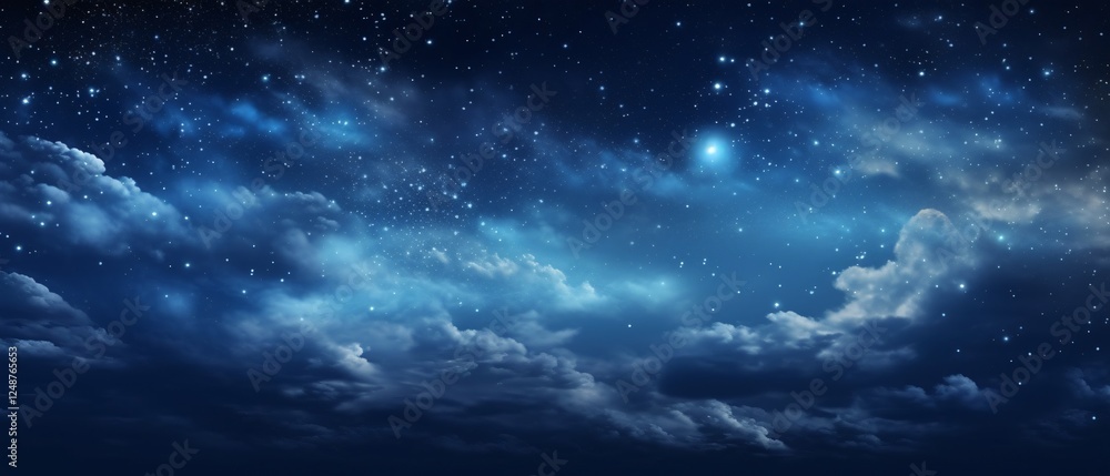 Starry Night Sky with White Cumulus Clouds, Elegant Dark Blue Background for Design Projects Starry Night Sky with White Cumulus Clouds, Elegant Dark Blue Background for Design Projects