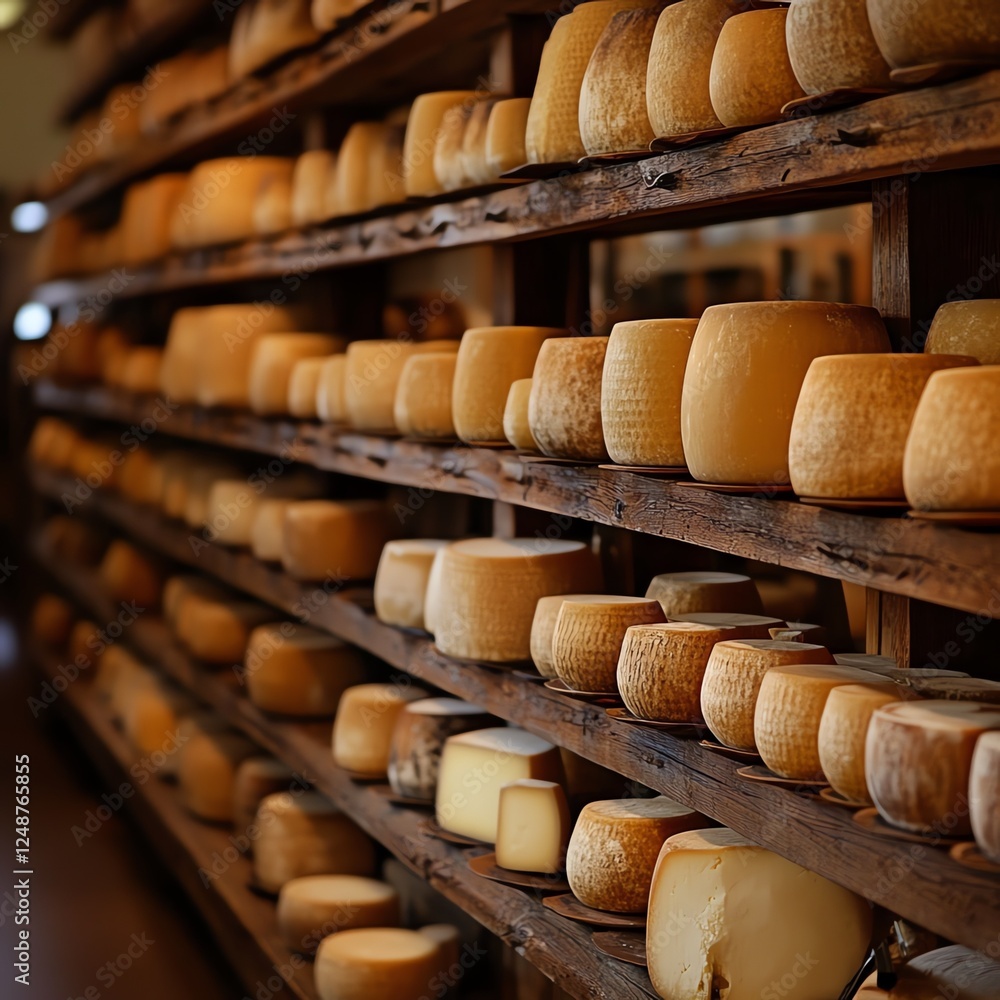 Fototapeta premium Käse, Laibe im Regal, Reifung