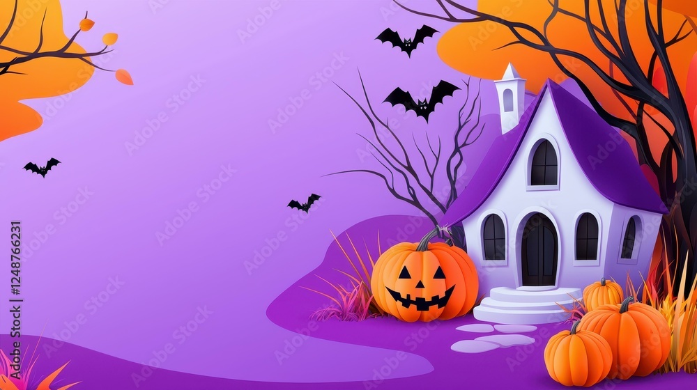 Fototapeta premium Spooky Halloween scene with pumpkins and bats.