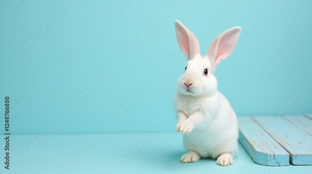 Fototapeta premium Cute White Rabbit in Pastel Blue Background.