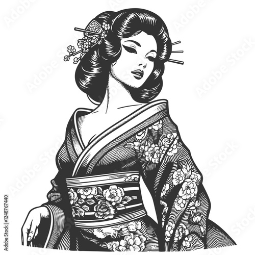 geisha in a detailed floral kimono, holding a bowl, exuding elegance and tradition sketch engraving generative ai vector illustration. Scratch board imitation. Black and white image.