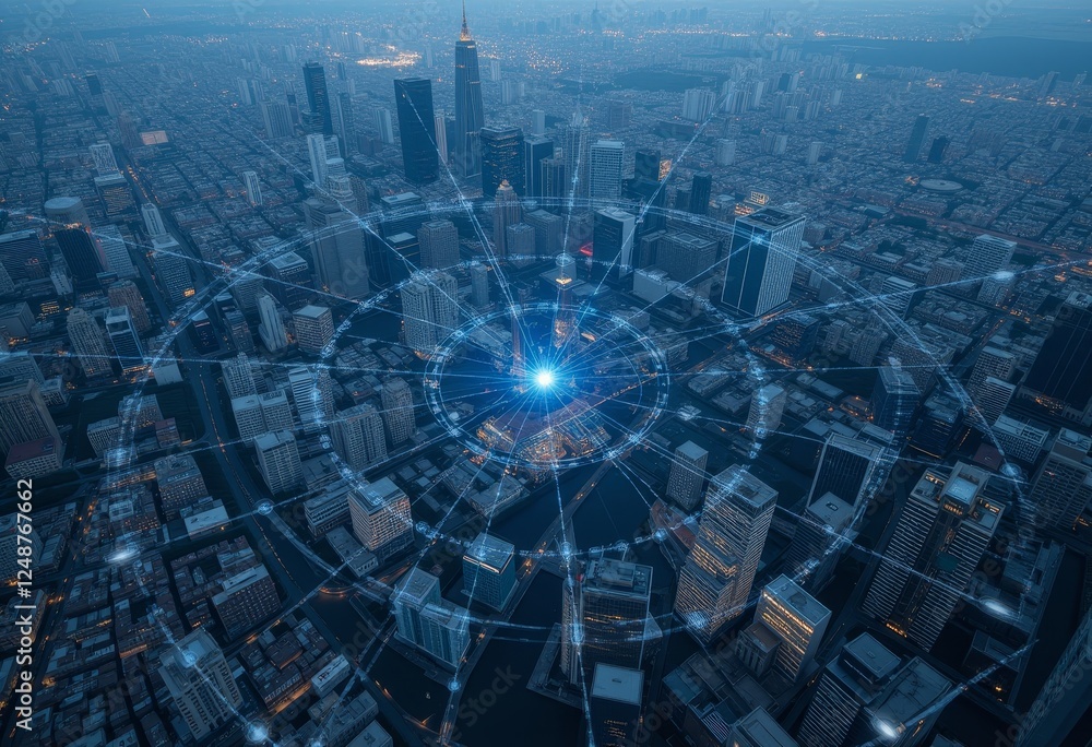 High-angle view of a densely packed urban cityscape with a network of blue lines and nodes suggesting digital or technological connection High-angle view of a densely packed urban cityscape with a network of blue lines and nodes suggesting digital or technological connection