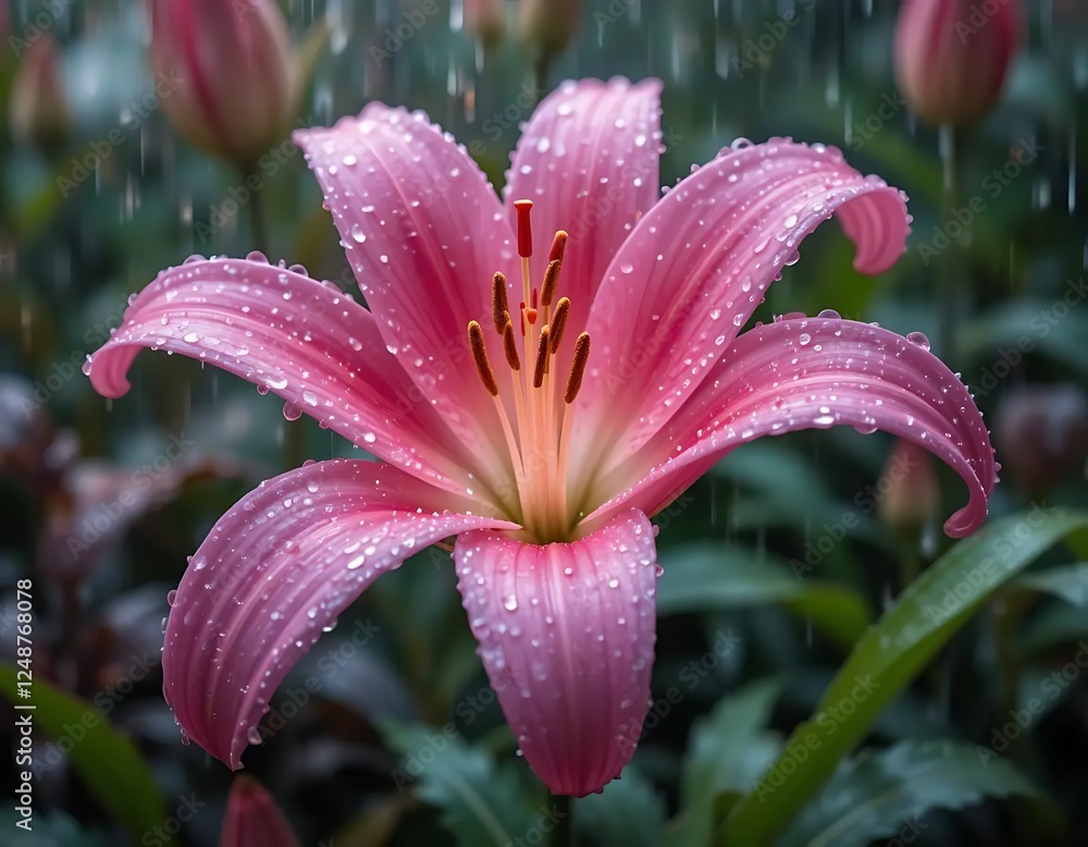 pink lily flower with raindrops on petals, highlighting delicate beauty and freshness against blurred green background. Perfect for nature, beauty, and tranquility themes. pink lily flower with raindrops on petals, highlighting delicate beauty and freshness against blurred green background. Perfect for nature, beauty, and tranquility themes.