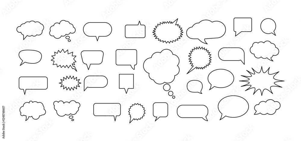 Speech Bubble set. Talk bubble. Blank empty vector white speech bubbles.. Message comments chat box. Collection of speech bubbles, text boxes and conversation chats in comics. Speech Bubble set. Talk bubble. Blank empty vector white speech bubbles.. Message comments chat box. Collection of speech bubbles, text boxes and conversation chats in comics.