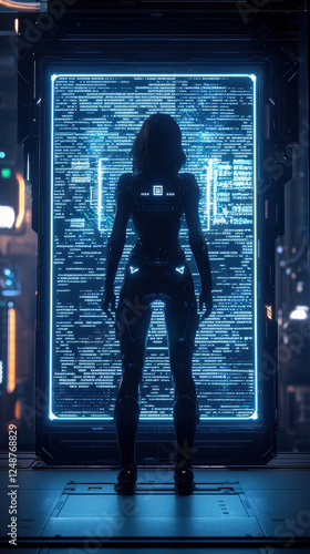 Futuristic female AI assistant interacting with a holographic interface in a high-tech, ultra-modern environment at night