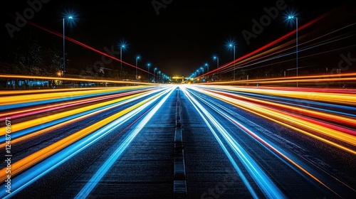 Night highway light trails, city road, speeding cars, vibrant streaks, urban transport