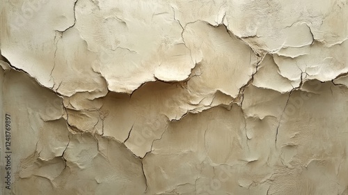 Beige peeling paint and cracks cover an aged surface photo