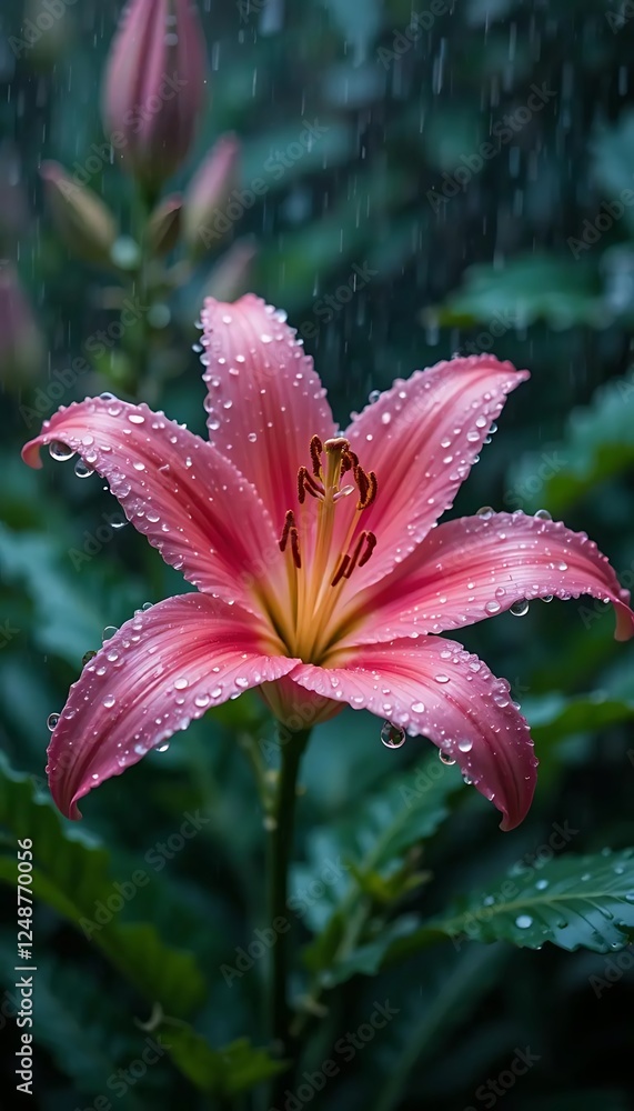 pink lily flower with raindrops on petals, highlighting delicate beauty and freshness against blurred green background. Perfect for nature, beauty, and tranquility themes. pink lily flower with raindrops on petals, highlighting delicate beauty and freshness against blurred green background. Perfect for nature, beauty, and tranquility themes.