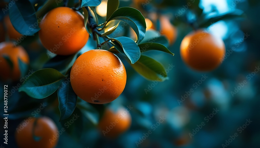 Sunlit Oranges: Lush Green Leaves and Vibrant Fruit in a Serene Orchard Sunlit Oranges: Lush Green Leaves and Vibrant Fruit in a Serene Orchard