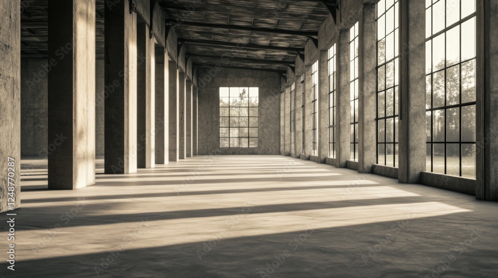 Sunlight in empty industrial warehouse, perfect for design Sunlight in empty industrial warehouse, perfect for design