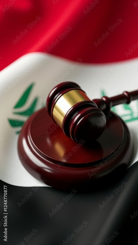 Iraqi justice concept with gavel resting on the national flag backdrop Iraqi justice concept with gavel resting on the national flag backdrop