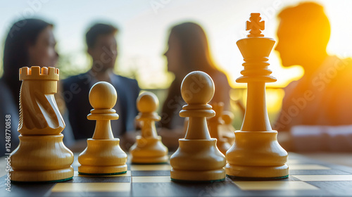 A modern corporate setting where executives discuss strategies with a chessboard in the background, emphasizing tactical business planning and foresight.  photo