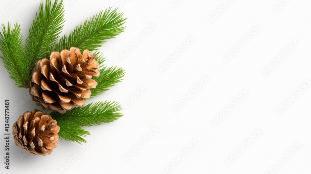 Pinecones and Green Branches on White Background. Generative AI Pinecones and Green Branches on White Background. Generative AI