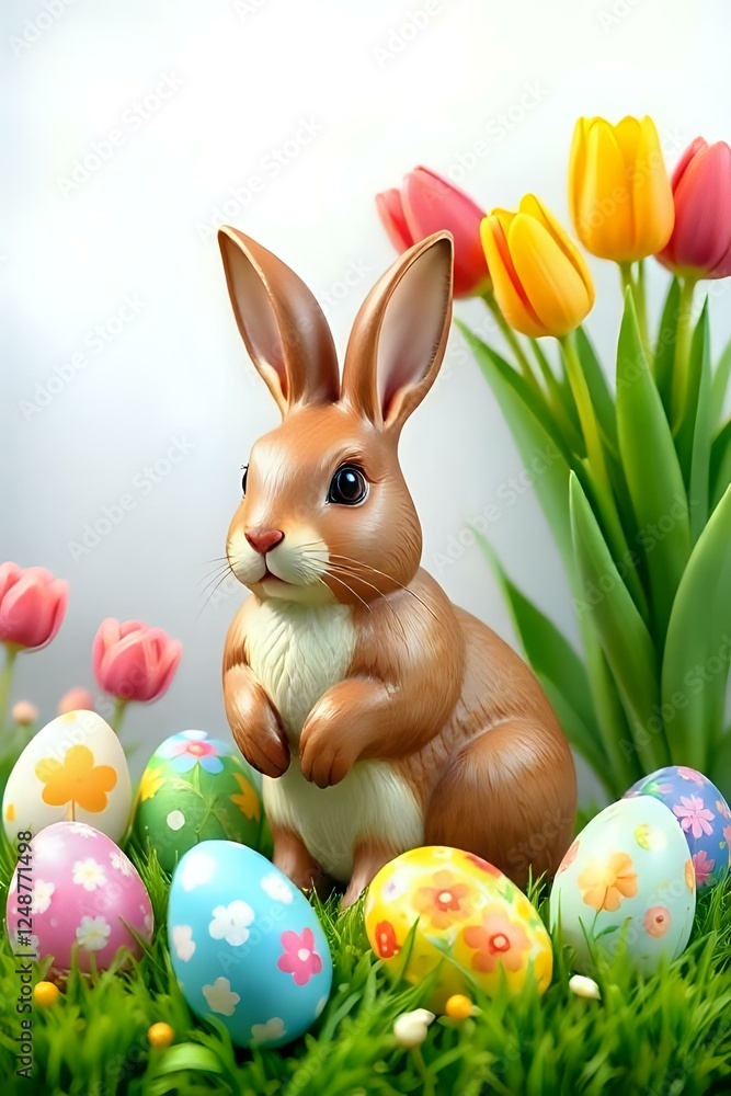 Obraz premium illustration d'un lapin de Pâques et d'œufs de Pâques au milieu de verdure et de tulipes qui sont écloses