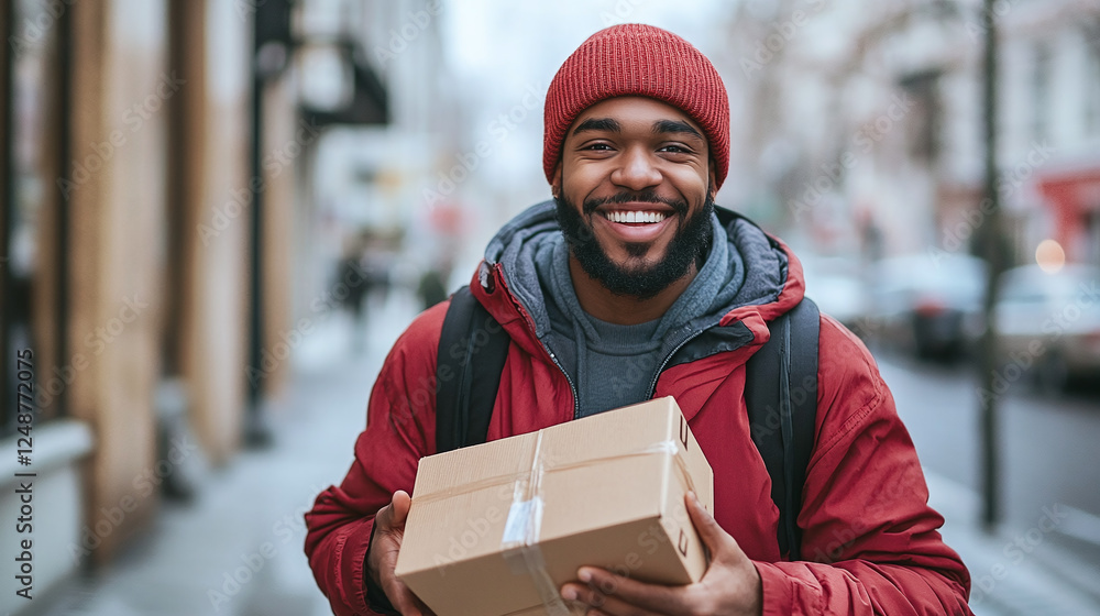 Happy delivery person carrying a package and smiling outdoors, wearing a red beanie, on a city street. Courier service offers fast and secure shipping. Happy delivery person carrying a package and smiling outdoors, wearing a red beanie, on a city street. Courier service offers fast and secure shipping.