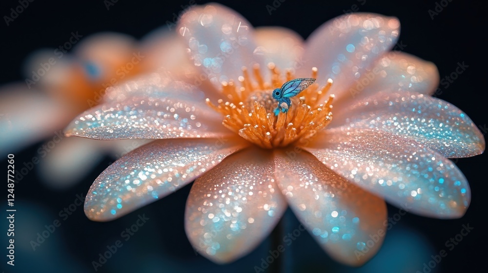 Fototapeta premium Dew-kissed flower, insect, dark background, nature macro